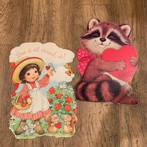 Vintage Valentine’s Die Cuts Hallmark & Eureka Little Girl Flowers Raccoon Heart